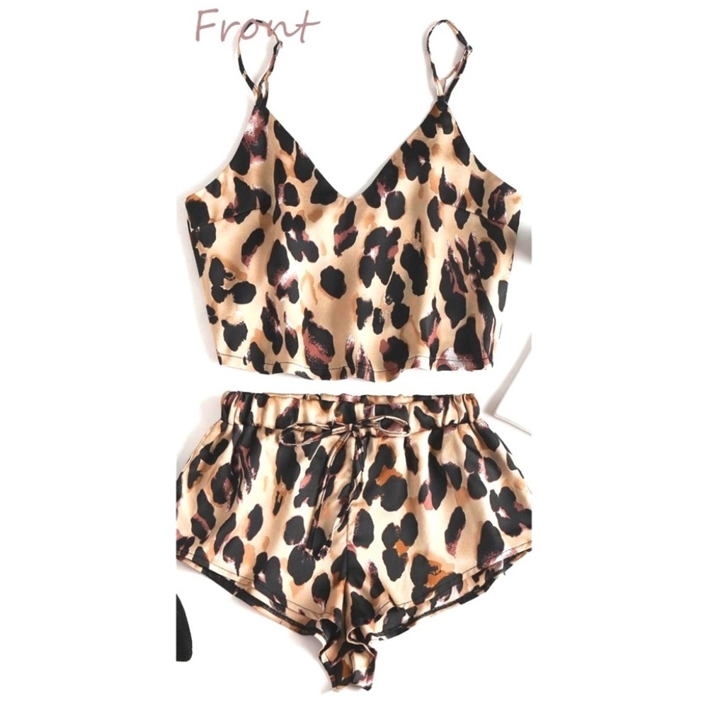 PJ Set Leopard Satin Crop Top & Shorts